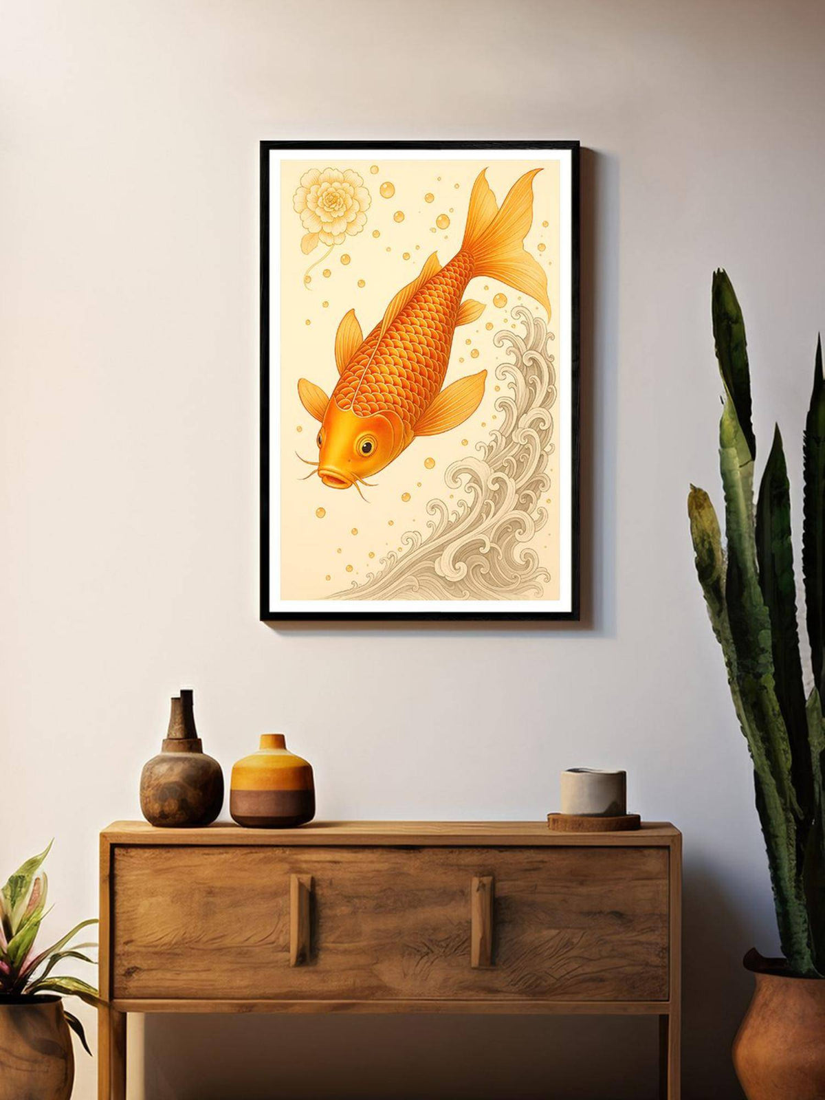 999Store Golden Koi with Waves Canvas Box Fiber Frame Painting