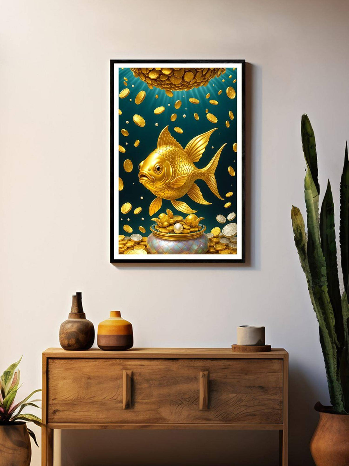999Store Koi Fish with Multi Coins Canvas Box Fiber Frame Painting
