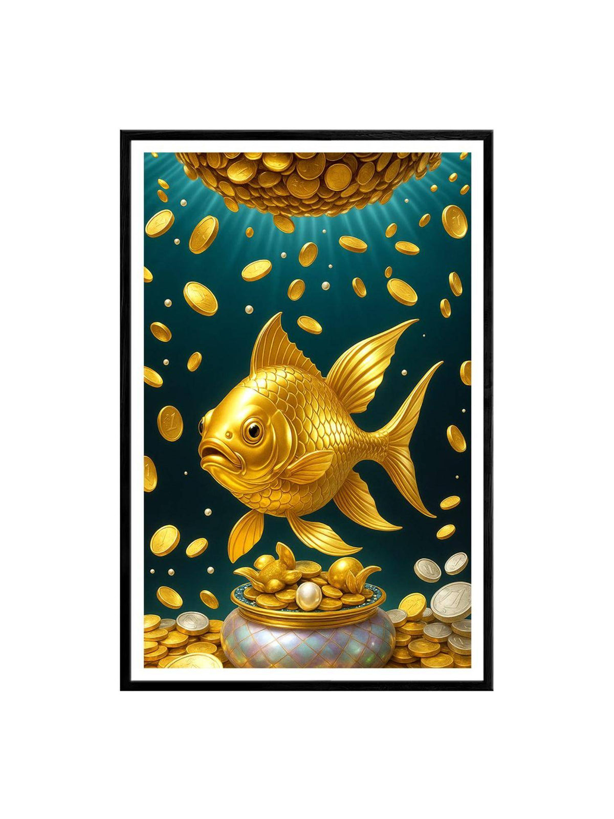 999Store Koi Fish with Multi Coins Canvas Box Fiber Frame Painting