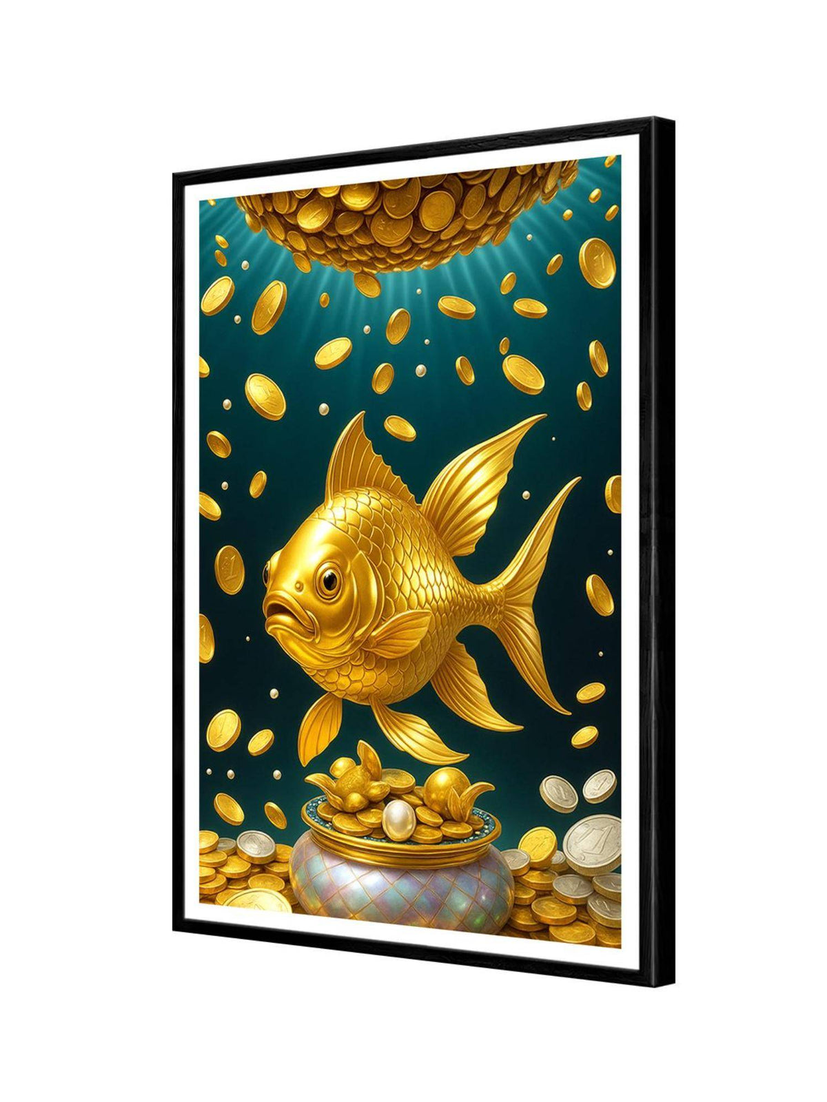 999Store Koi Fish with Multi Coins Canvas Box Fiber Frame Painting