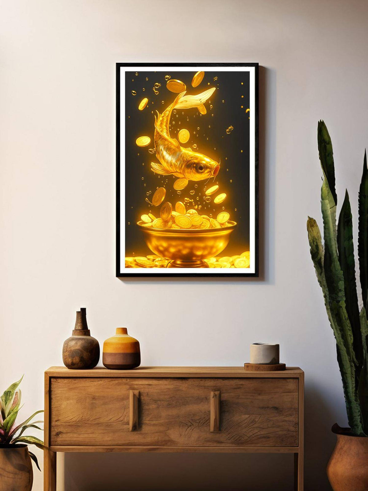 999Store Golden Koi and Coin Splash Canvas Box Fiber Frame Painting