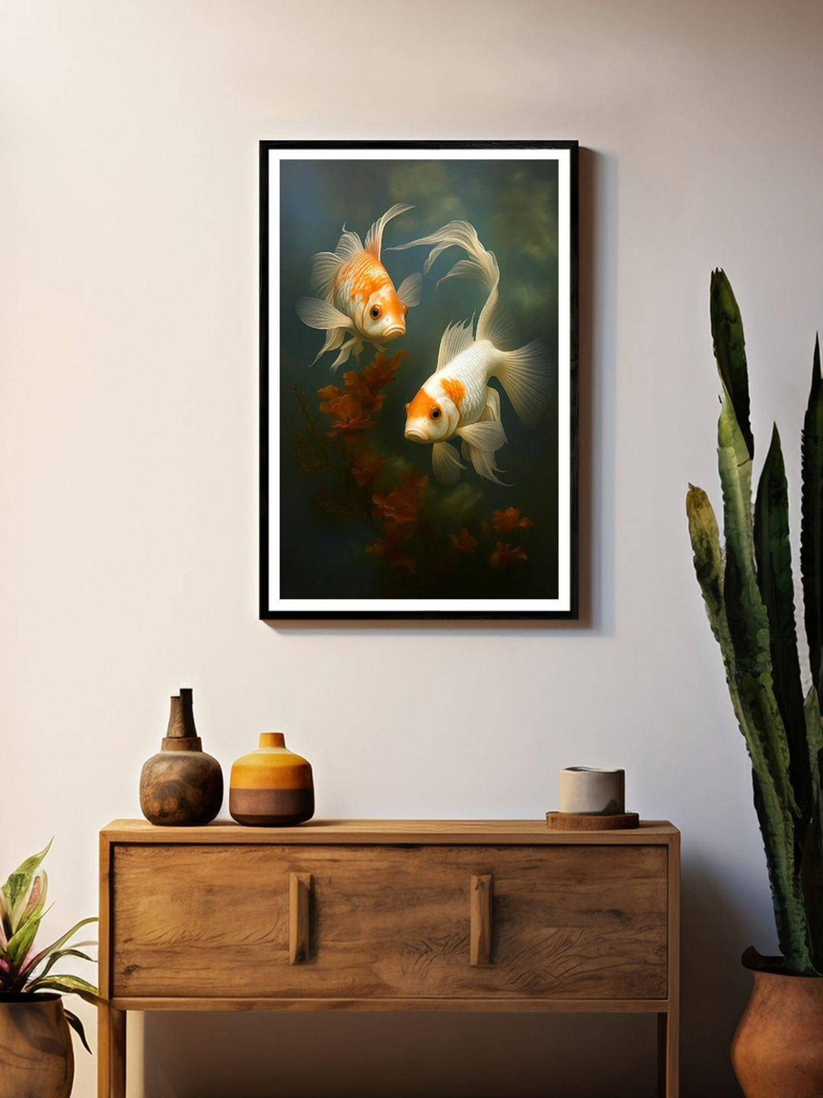 999Store Twin Koi Underwater Canvas Box Fiber Frame Painting