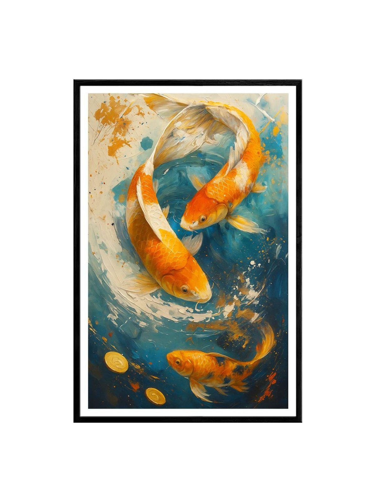 999Store Multi-Color Trio Koi In Vortex with Gold Coins Painting