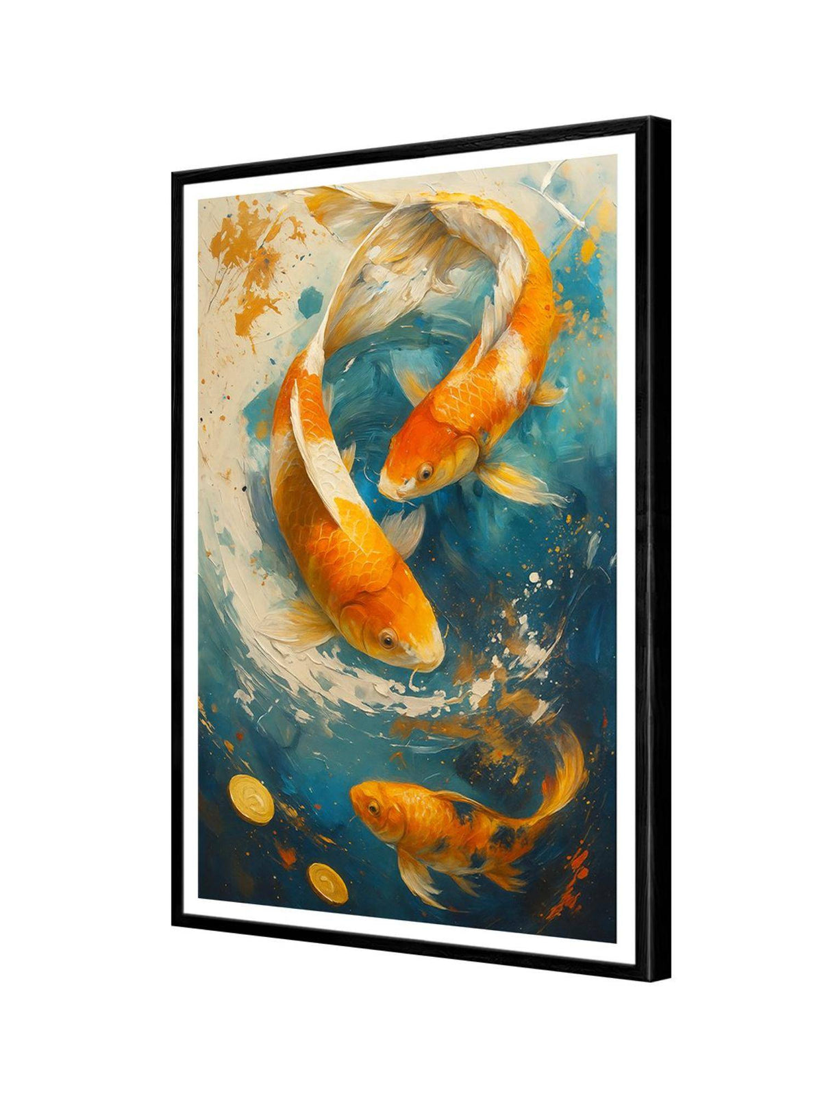 999Store Multi-Color Trio Koi In Vortex with Gold Coins Painting