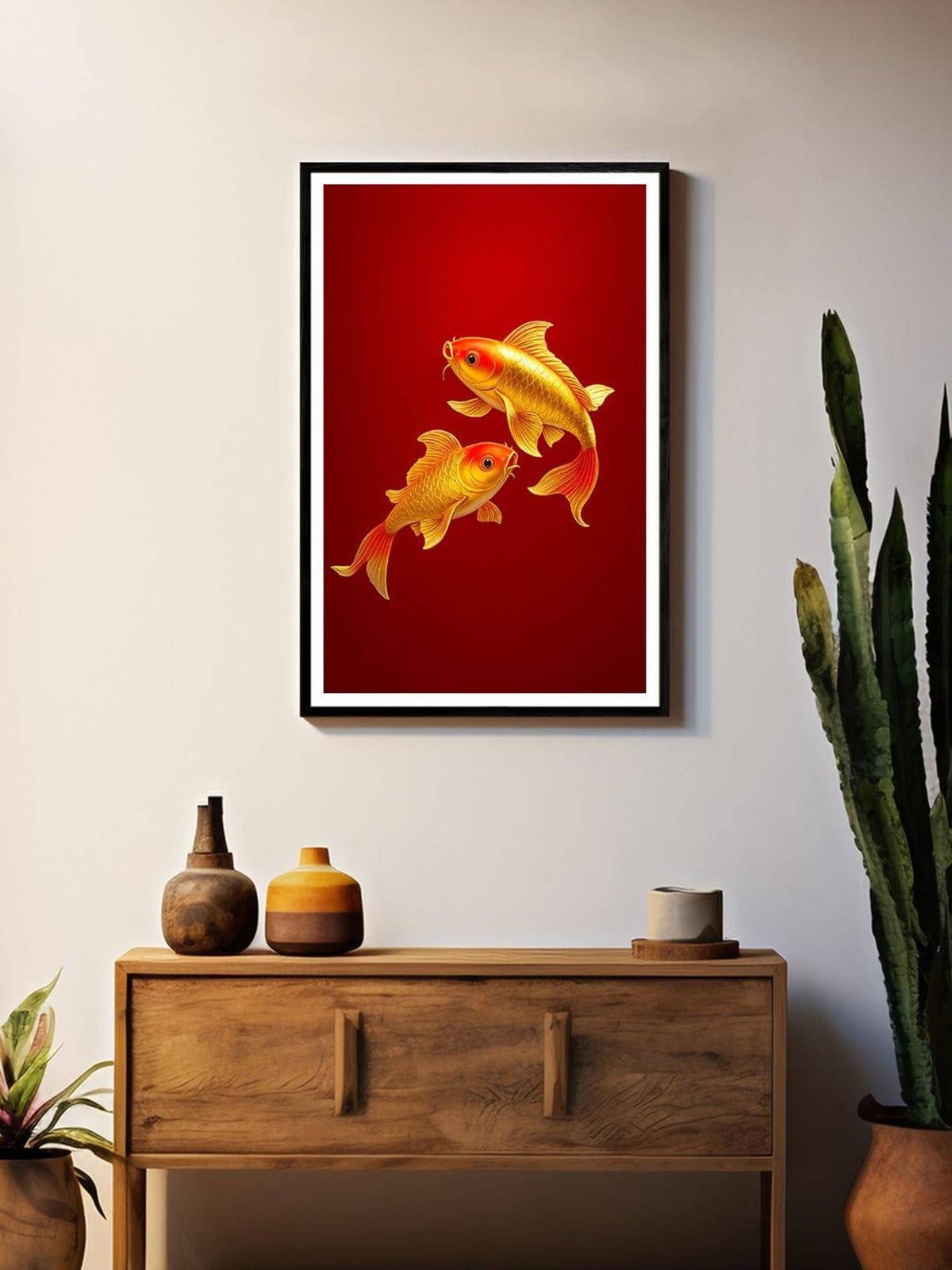 999Store Twin Golden Koi Fish Red Background Painting