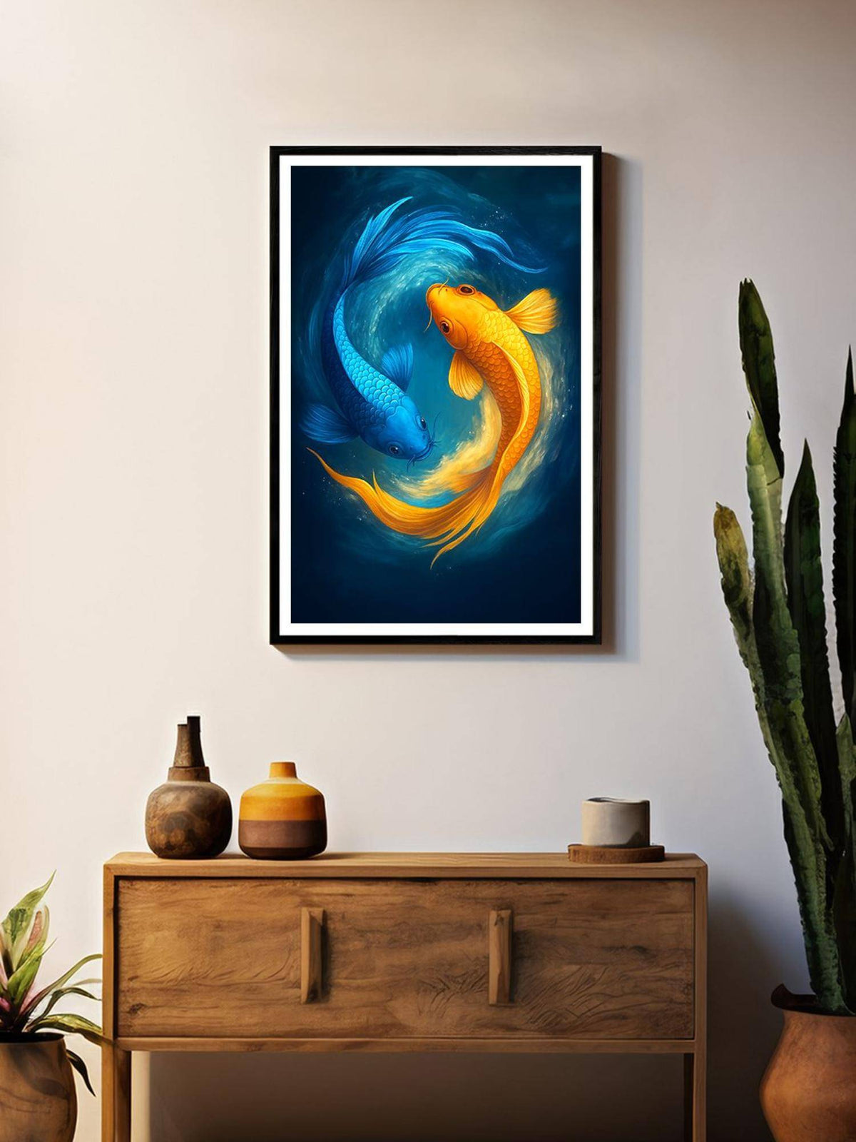 999Store Blue and Gold Yin Yang Koi In Ocean Swirl Painting · One Size
