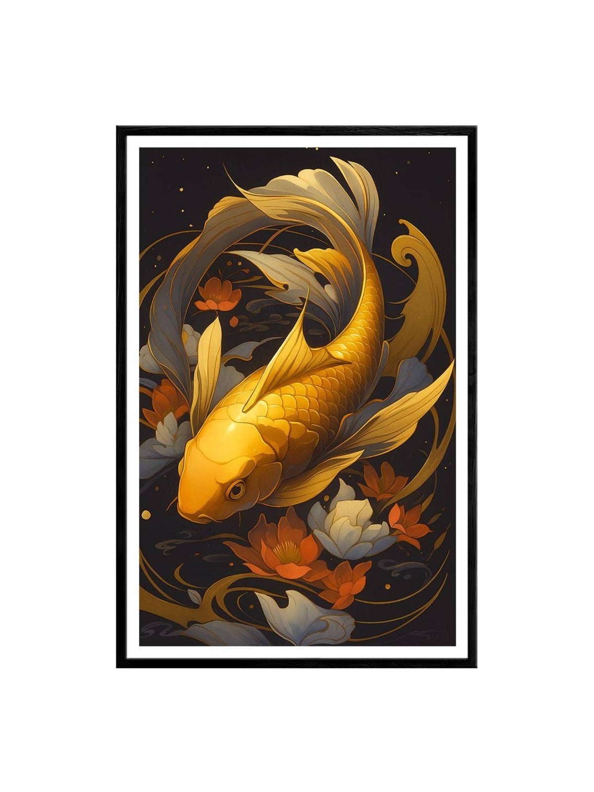 999Store Floral Golden Koi Fish Swimming Through Lotus Painting