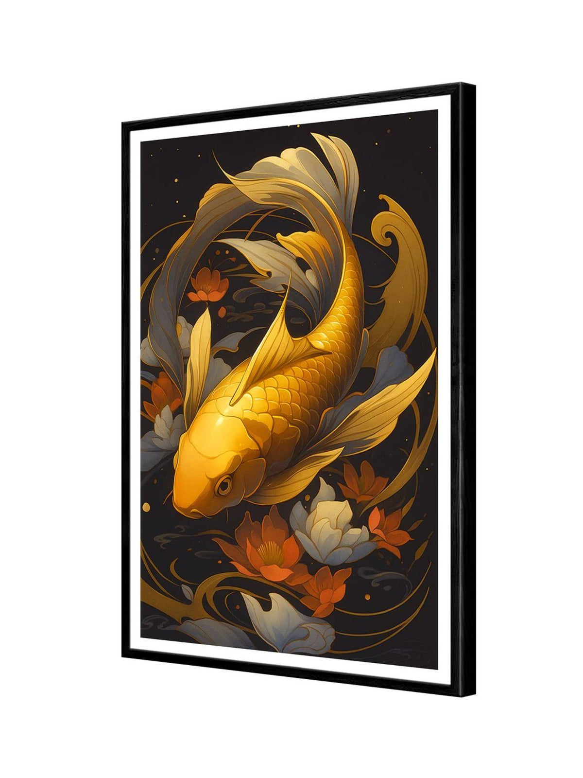 999Store Floral Golden Koi Fish Swimming Through Lotus Painting