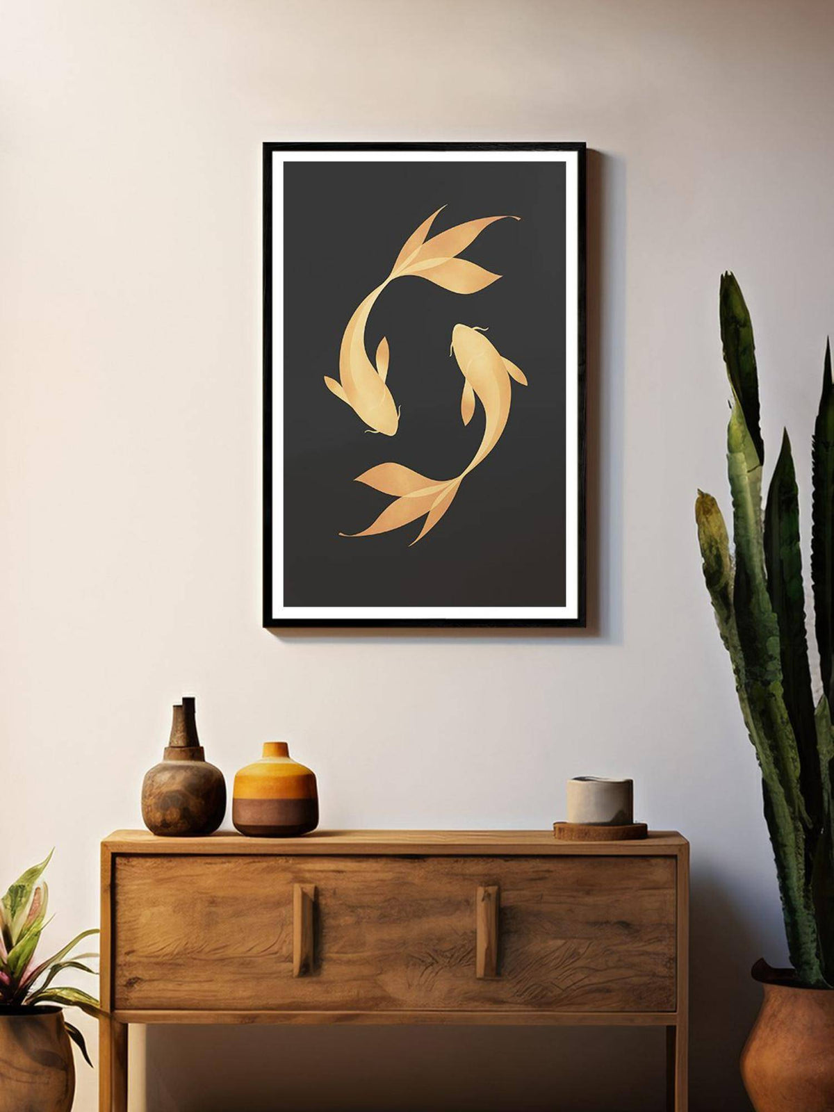999Store Minimalist Gold Koi On Black Canvas Painting