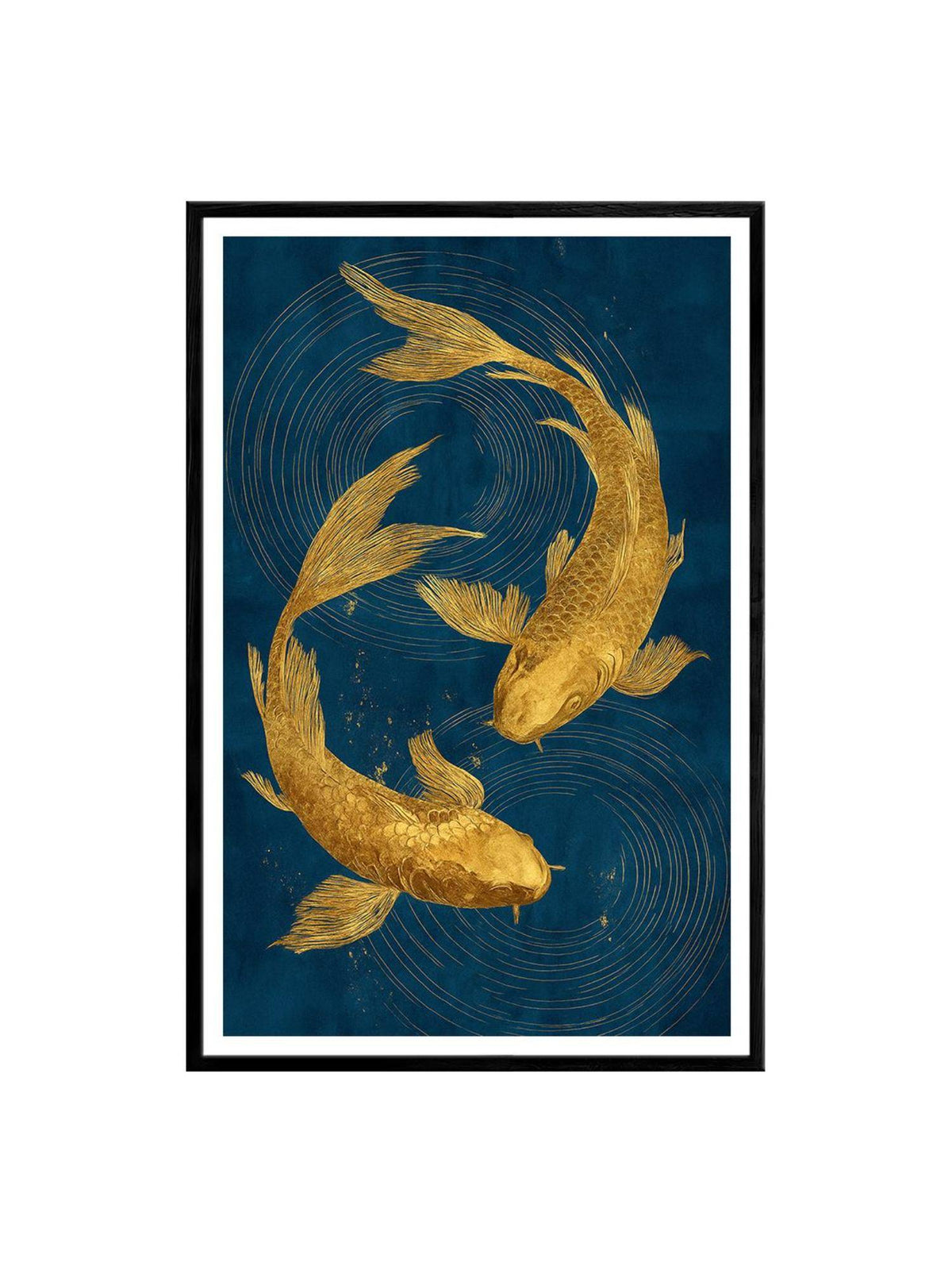 999Store Gold Textured Koi Fish Blue Canvas Swirls Painting