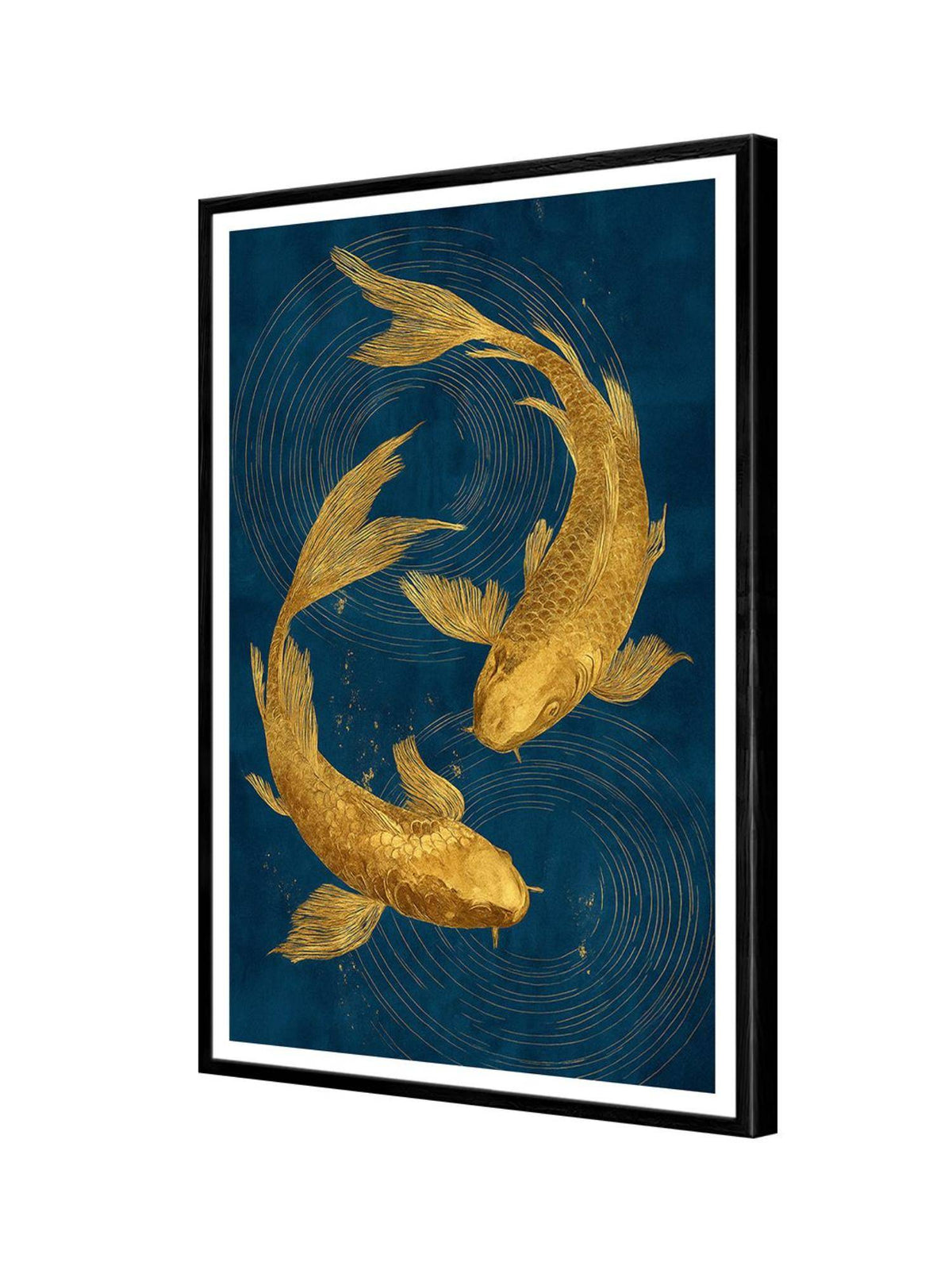 999Store Gold Textured Koi Fish Blue Canvas Swirls Painting