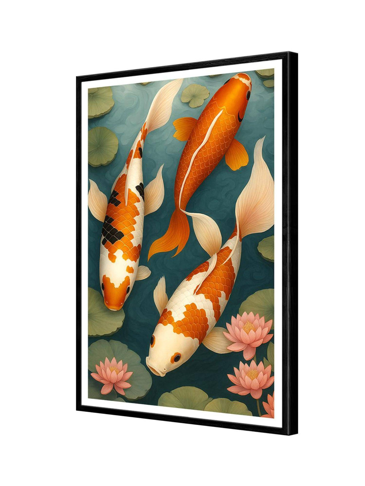 999Store Multi-Color Three Koi Among Lily Floral Pads Painting