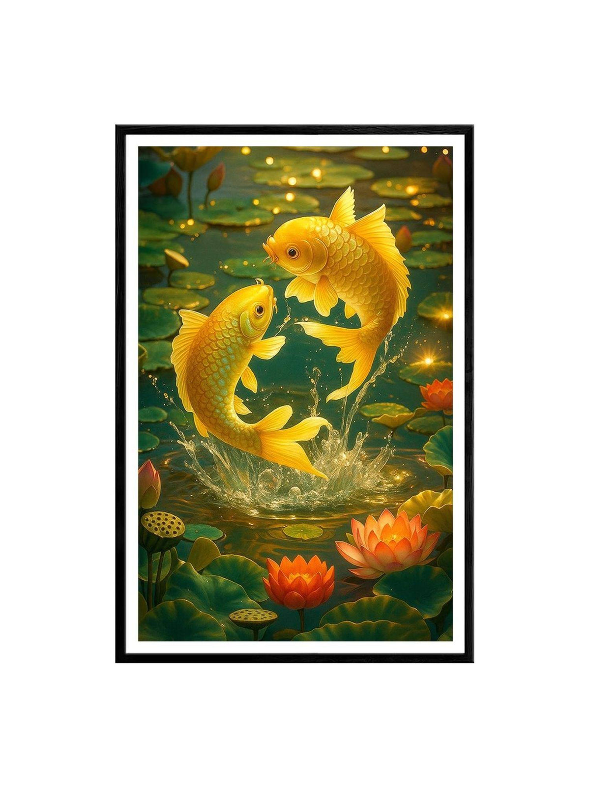 999Store Multi-Color Koi Jumping Lotus Floral Pond Painting
