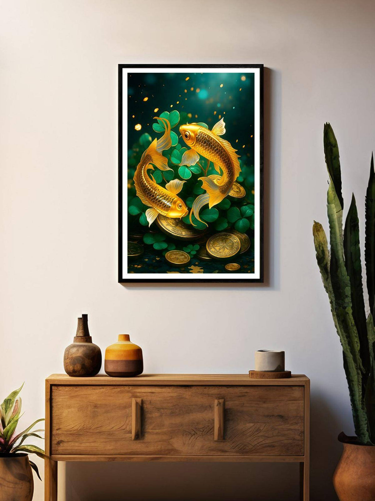 999Store Multi-Color Koi Fish with Lucky Coins and Clover Painting