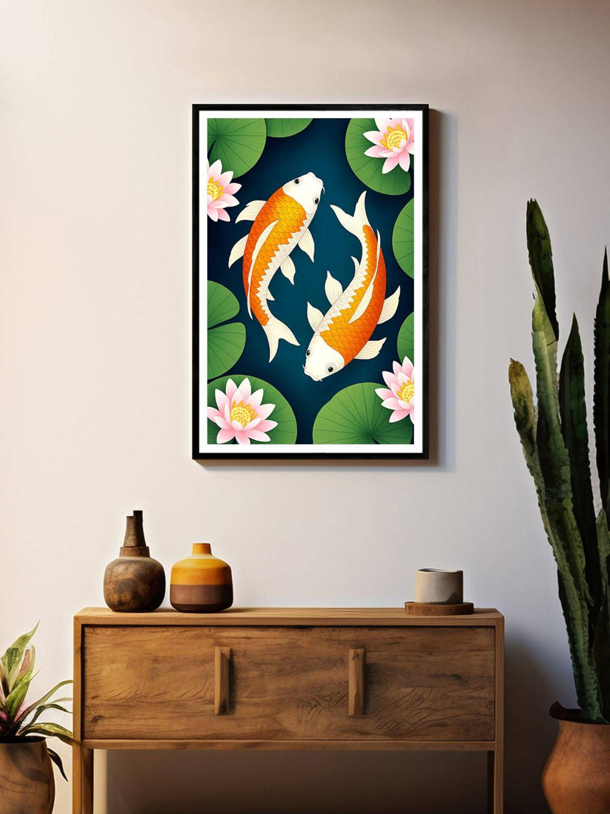 999Store Cartoon-Style Koi Fish with Lotus Flowers Painting