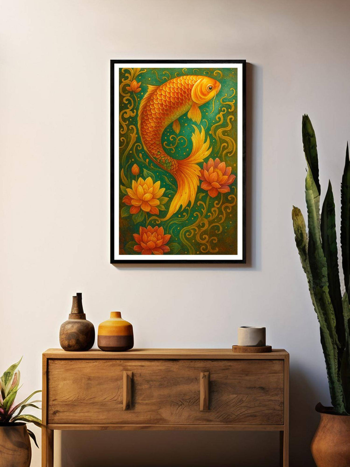 999Store Mystic Multi-Color Koi Fish with Lotus and Swirls Painting