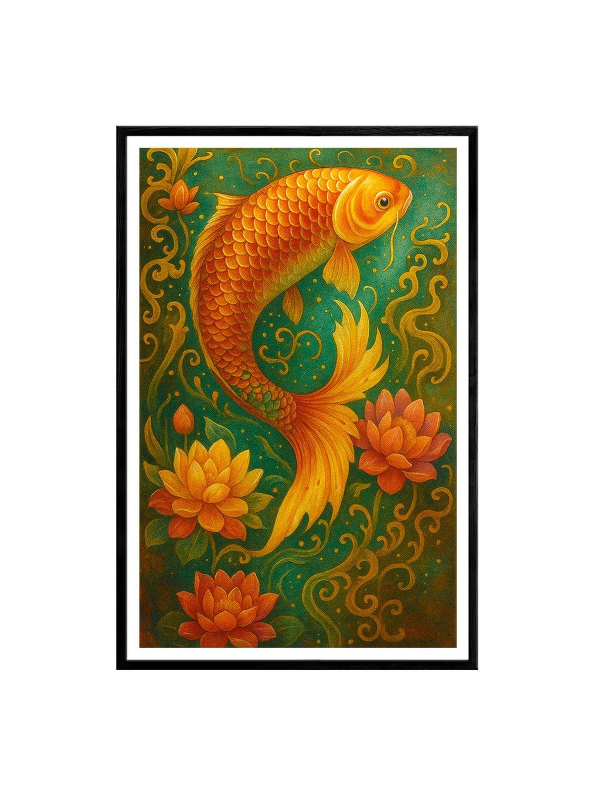 999Store Mystic Multi-Color Koi Fish with Lotus and Swirls Painting
