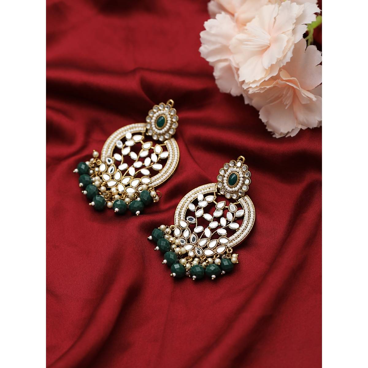 Aatmana Green Gold Plated stone Studded and Beaded Classic Drop Earrings
