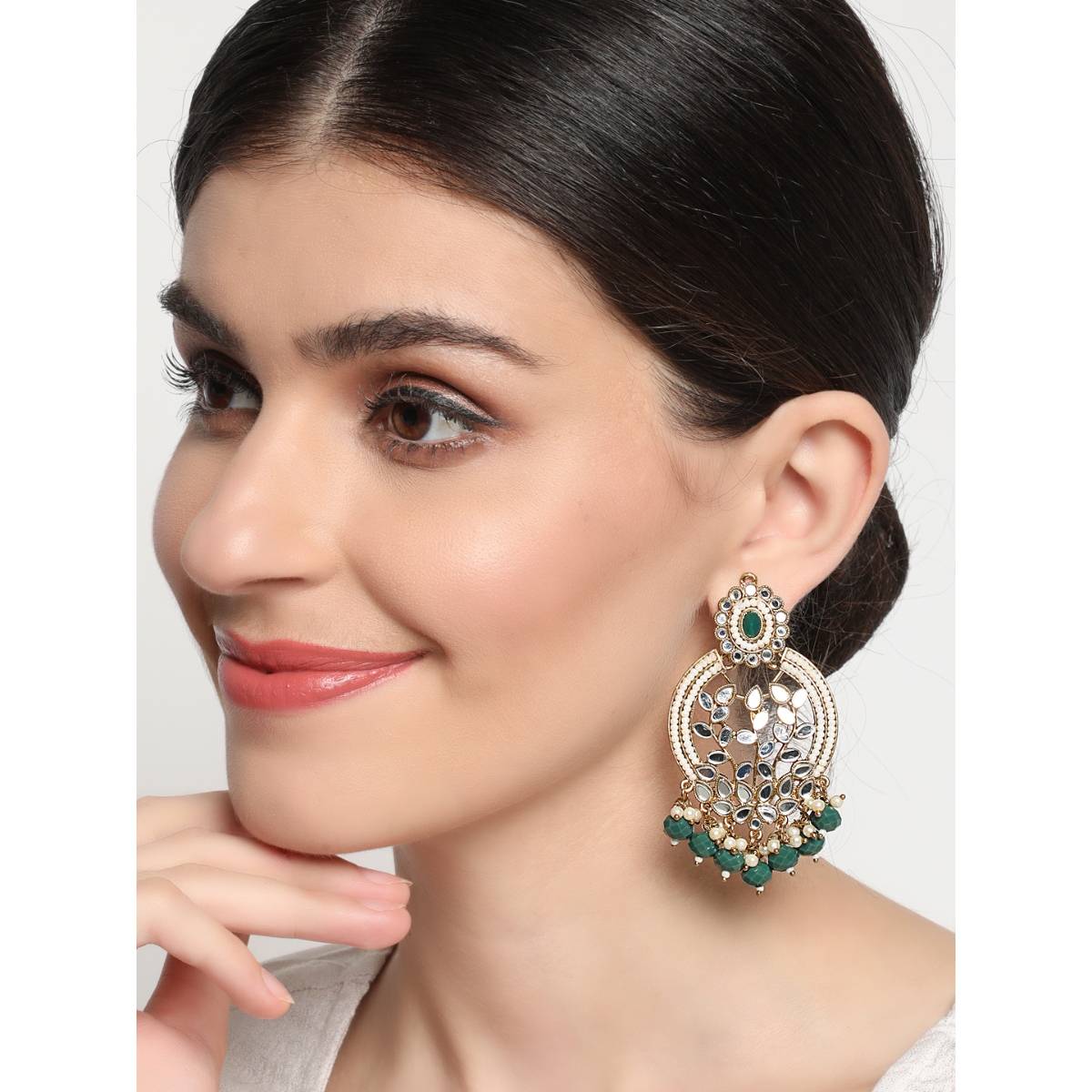 Aatmana Green Gold Plated stone Studded and Beaded Classic Drop Earrings