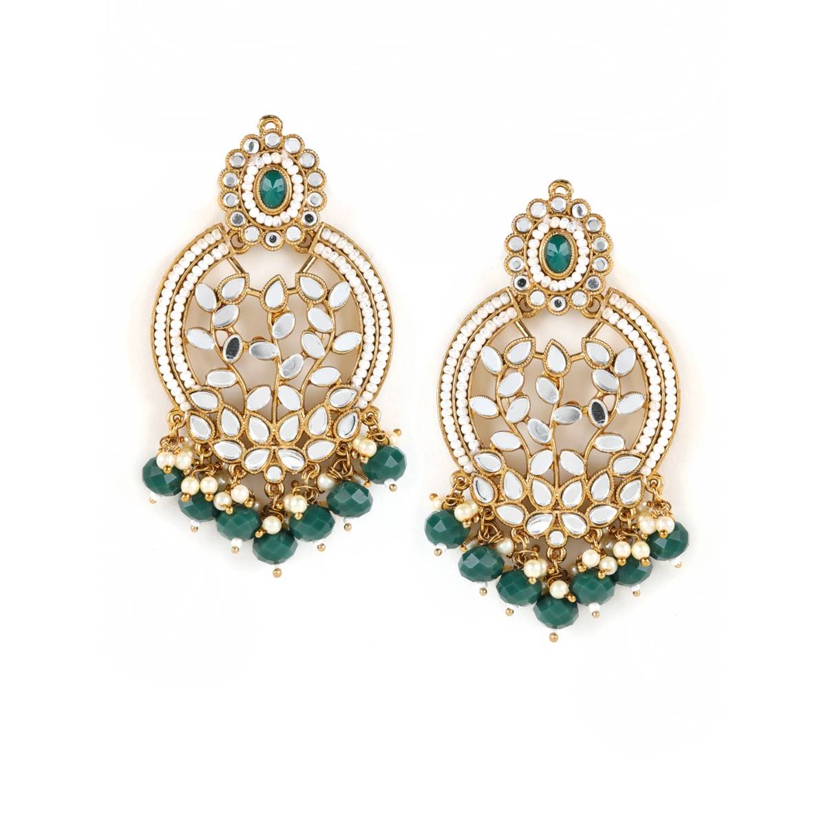 Aatmana Green Gold Plated stone Studded and Beaded Classic Drop Earrings