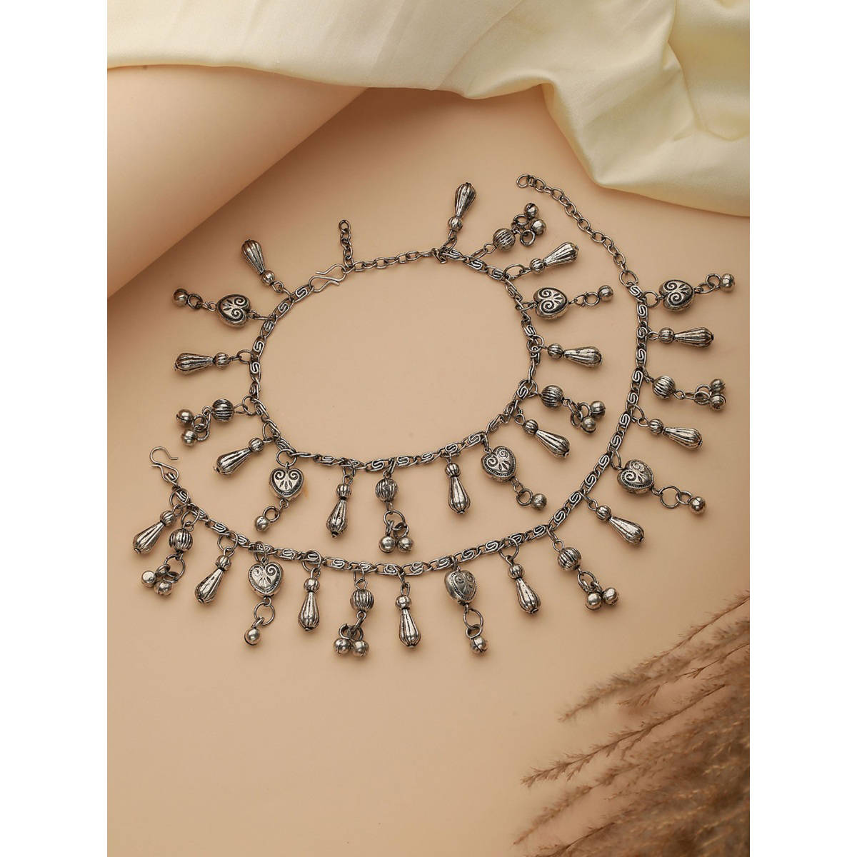 Aatmana Oxidised Silver-Plated and Heart Charm Ghungroo Anklets