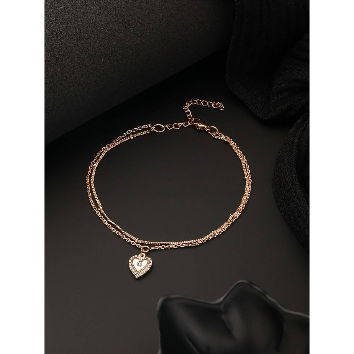 Aatmana Rose Gold Plated CZ Studded Layered Heart Charm Anklet · One Size