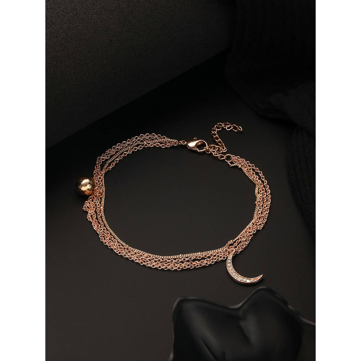 Aatmana Gold-Plated CZ Studded Layered Crescent Shape Charm Anklet