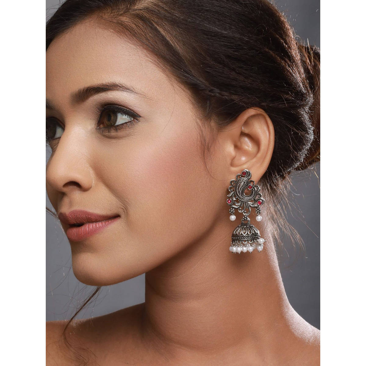 Aatmana Silver-Plated Peacock Shaped Classic Jhumkas Earrings