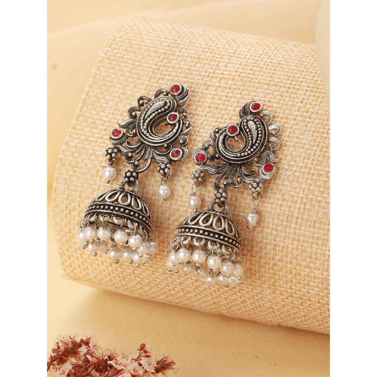 Aatmana Silver-Plated Peacock Shaped Classic Jhumkas Earrings