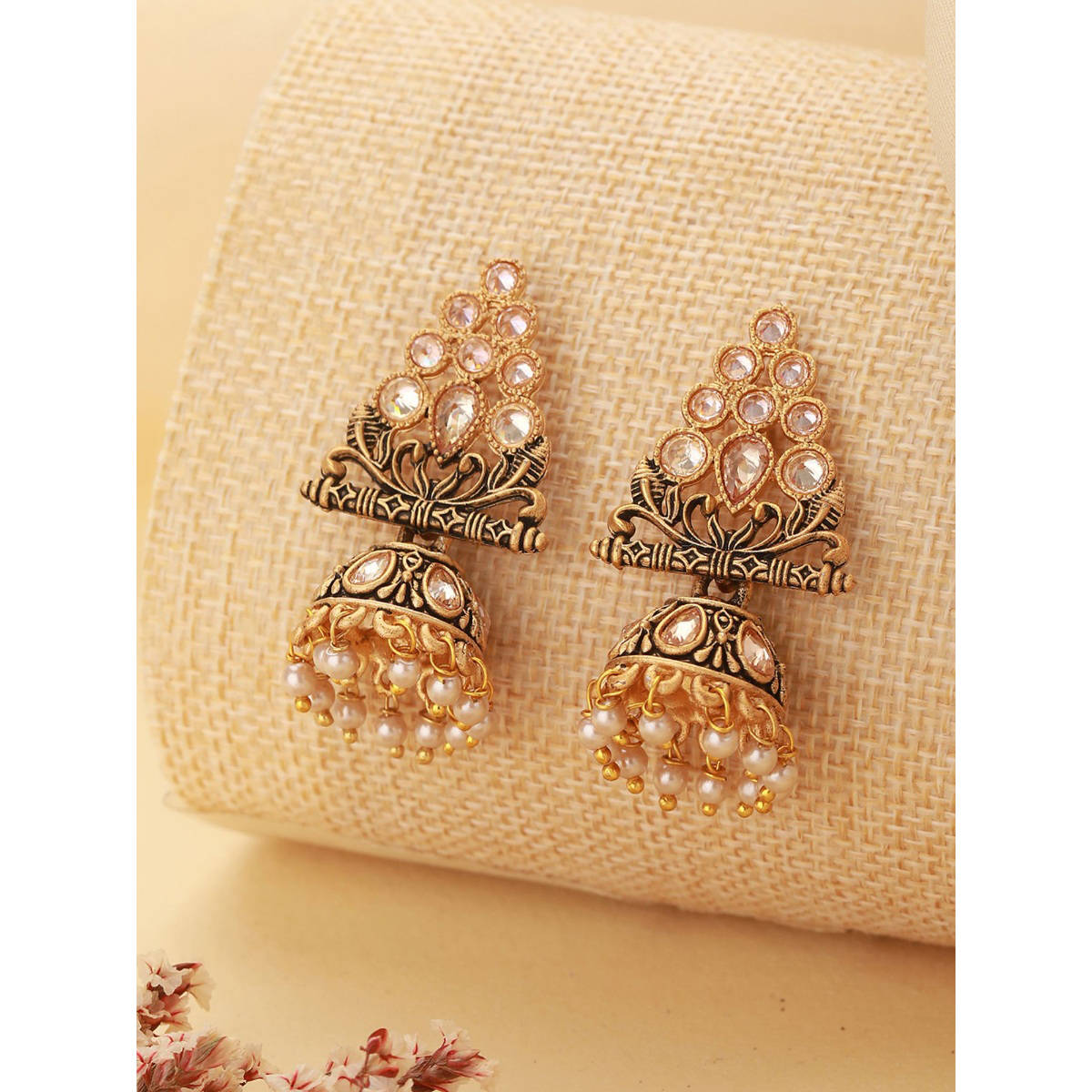 Aatmana Gold-Plated Kundan Studded Triangular Shaped Jhumka Earrings