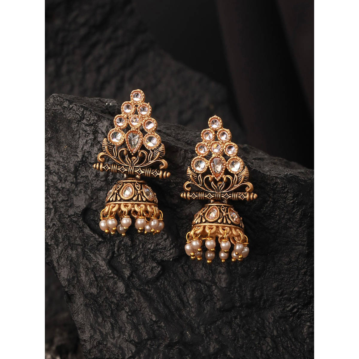 Aatmana Gold-Plated Kundan Studded Triangular Shaped Jhumka Earrings