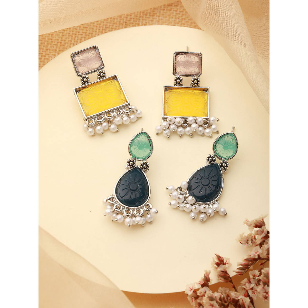 Aatmana Set of 2 Silver-Plated Yellow and Blue Geometric Drop Earrings · One Size
