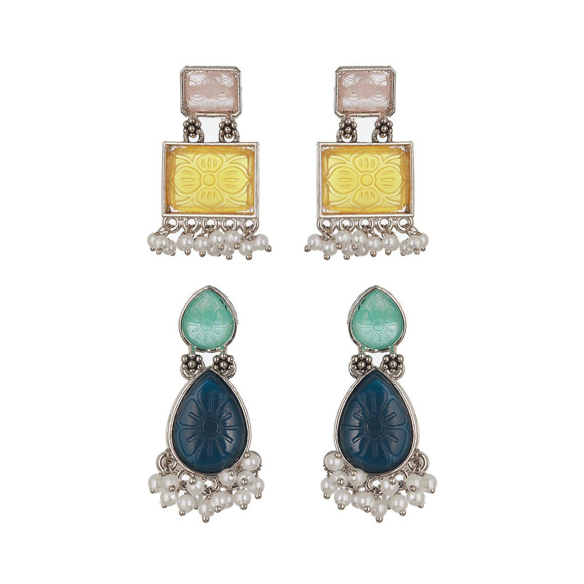 Aatmana Set of 2 Silver-Plated Yellow and Blue Geometric Drop Earrings