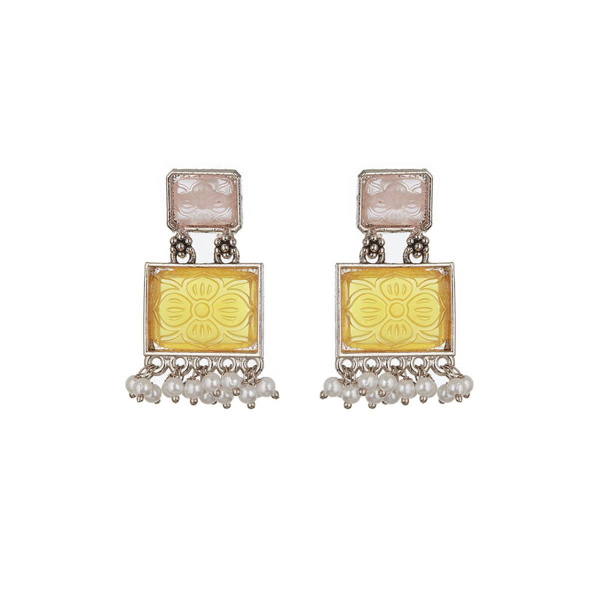 Aatmana Set of 2 Silver-Plated Yellow and Blue Geometric Drop Earrings