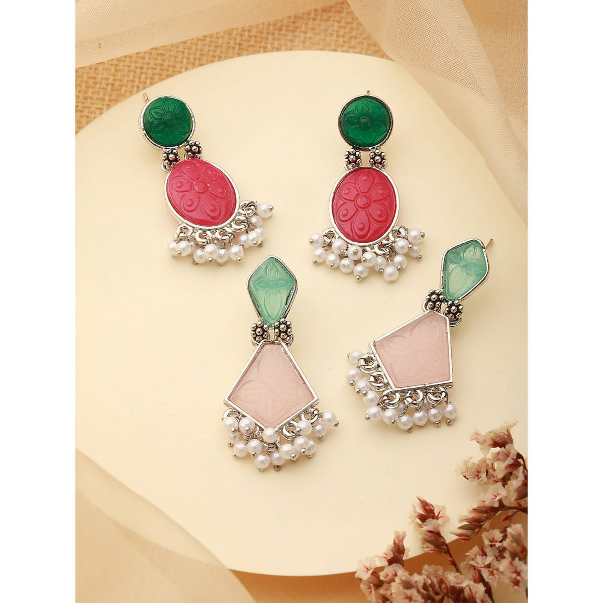 Aatmana Set of 2 Silver-Plated Pink and Green Dome Shaped Drop Earrings