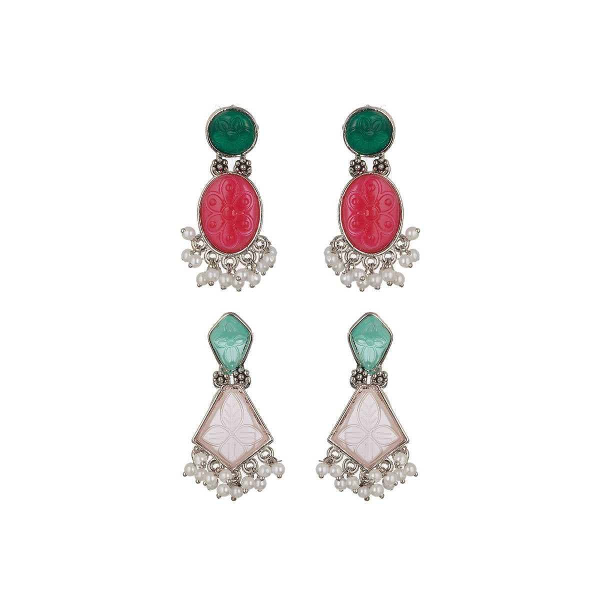 Aatmana Set of 2 Silver-Plated Pink and Green Dome Shaped Drop Earrings