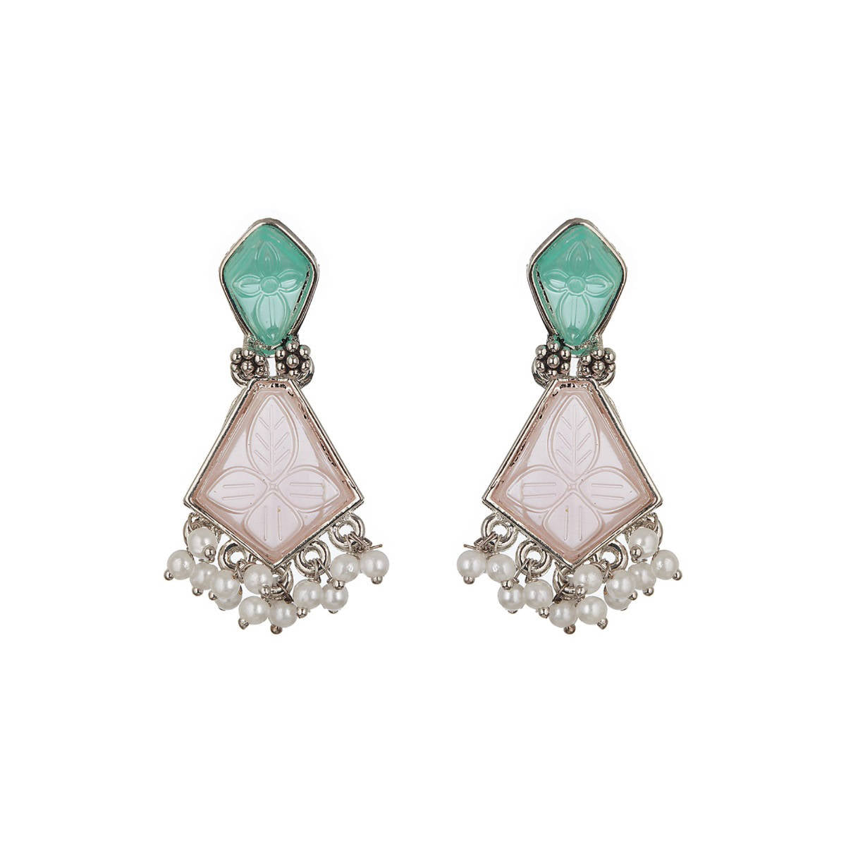 Aatmana Set of 2 Silver-Plated Pink and Green Dome Shaped Drop Earrings