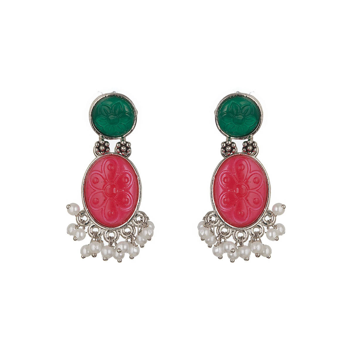 Aatmana Set of 2 Silver-Plated Pink and Green Dome Shaped Drop Earrings