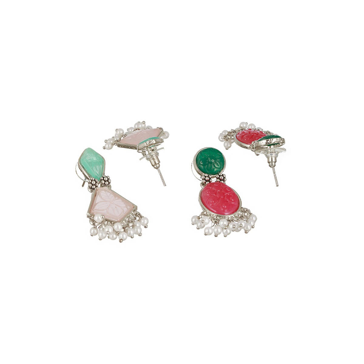 Aatmana Set of 2 Silver-Plated Pink and Green Dome Shaped Drop Earrings