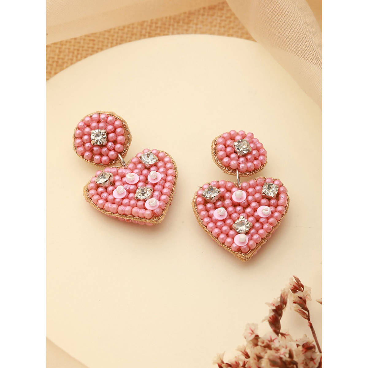 Aatmana Pink Beaded and CZ Studded Heart Shaped Contemporary Drop Earrings