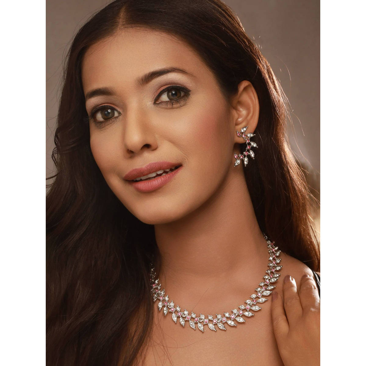 Aatmana Rhodium-Plated White and Pink Crystal-Studded Jewellery Set