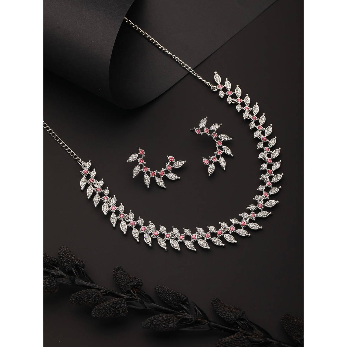 Aatmana Rhodium-Plated White and Pink Crystal-Studded Jewellery Set