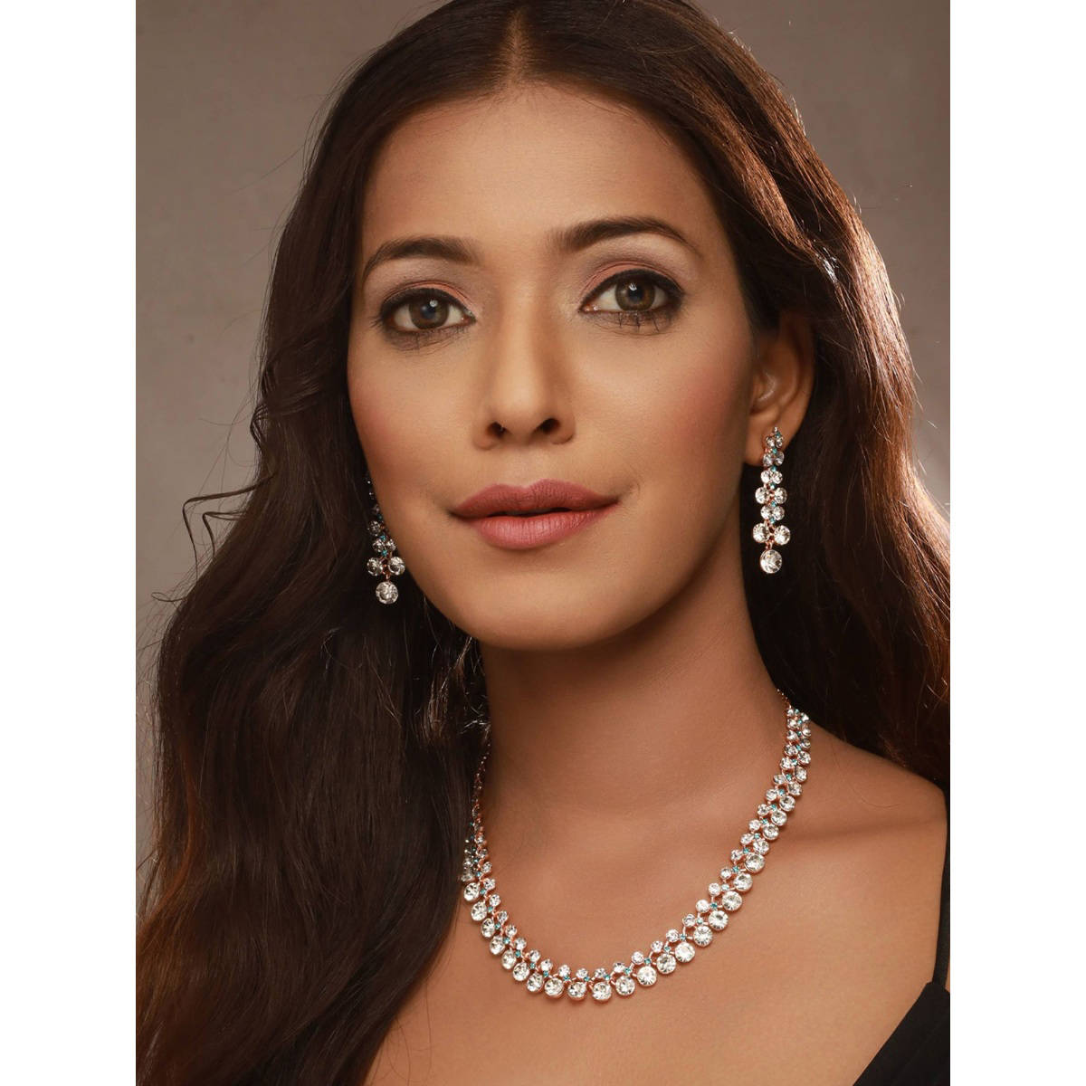 Aatmana Rhodium-Plated Blue and White Crystal-Studded Fascinating Designer Jewellery Set