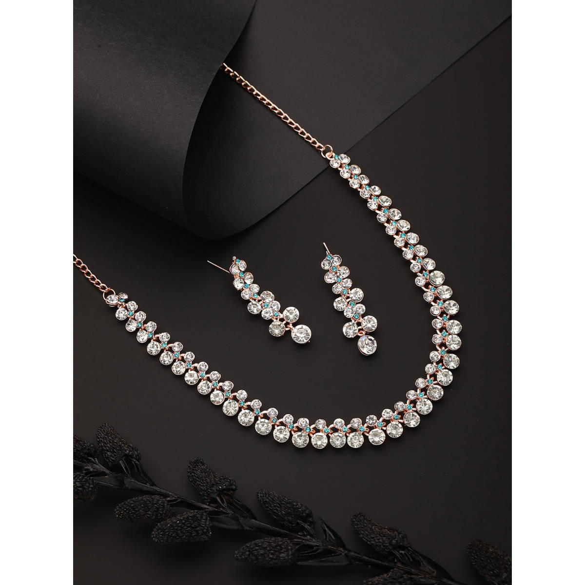 Aatmana Rhodium-Plated Blue and White Crystal-Studded Fascinating Designer Jewellery Set