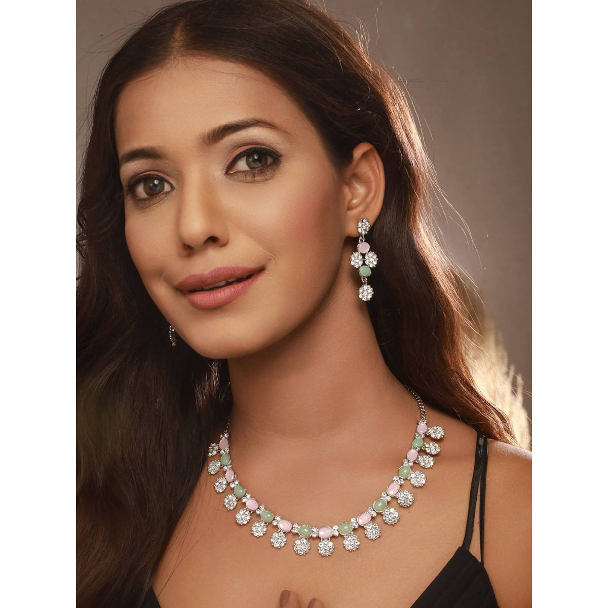Aatmana Rhodium-Plated Pink and Green AD-Studded Jewellery Set