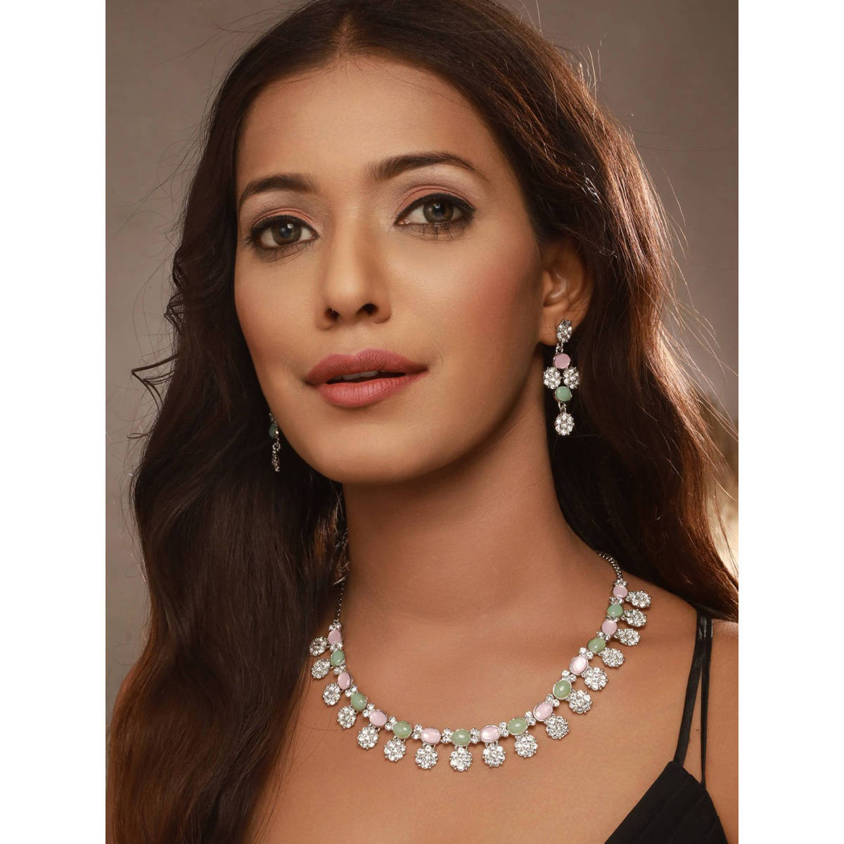 Aatmana Rhodium-Plated Pink and Green AD-Studded Jewellery Set