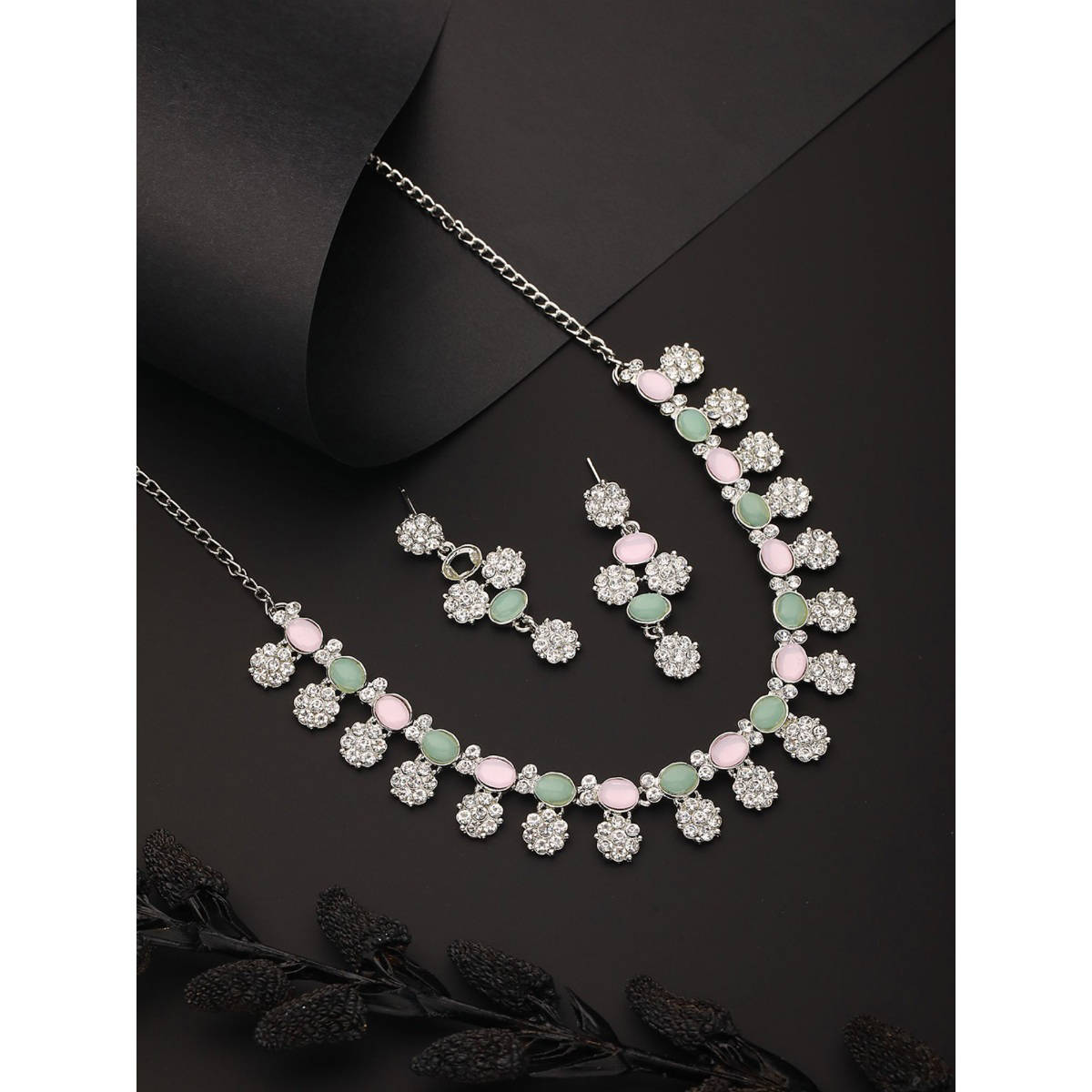 Aatmana Rhodium-Plated Pink and Green AD-Studded Jewellery Set