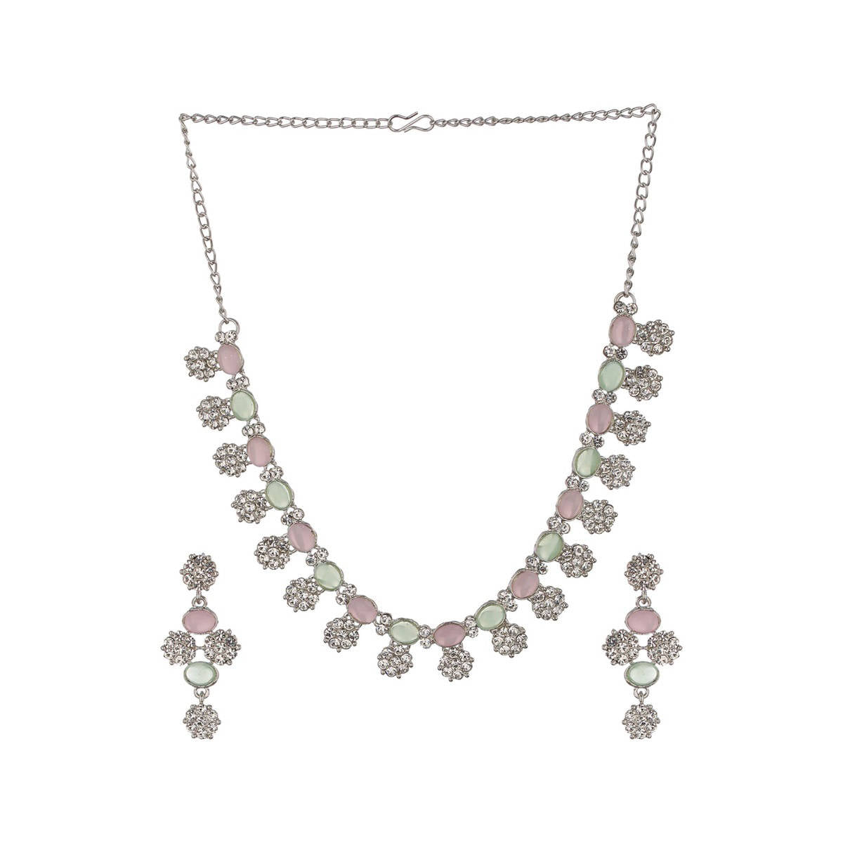 Aatmana Rhodium-Plated Pink and Green AD-Studded Jewellery Set