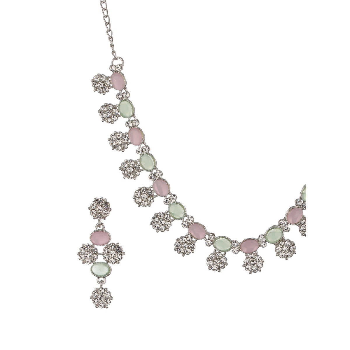 Aatmana Rhodium-Plated Pink and Green AD-Studded Jewellery Set