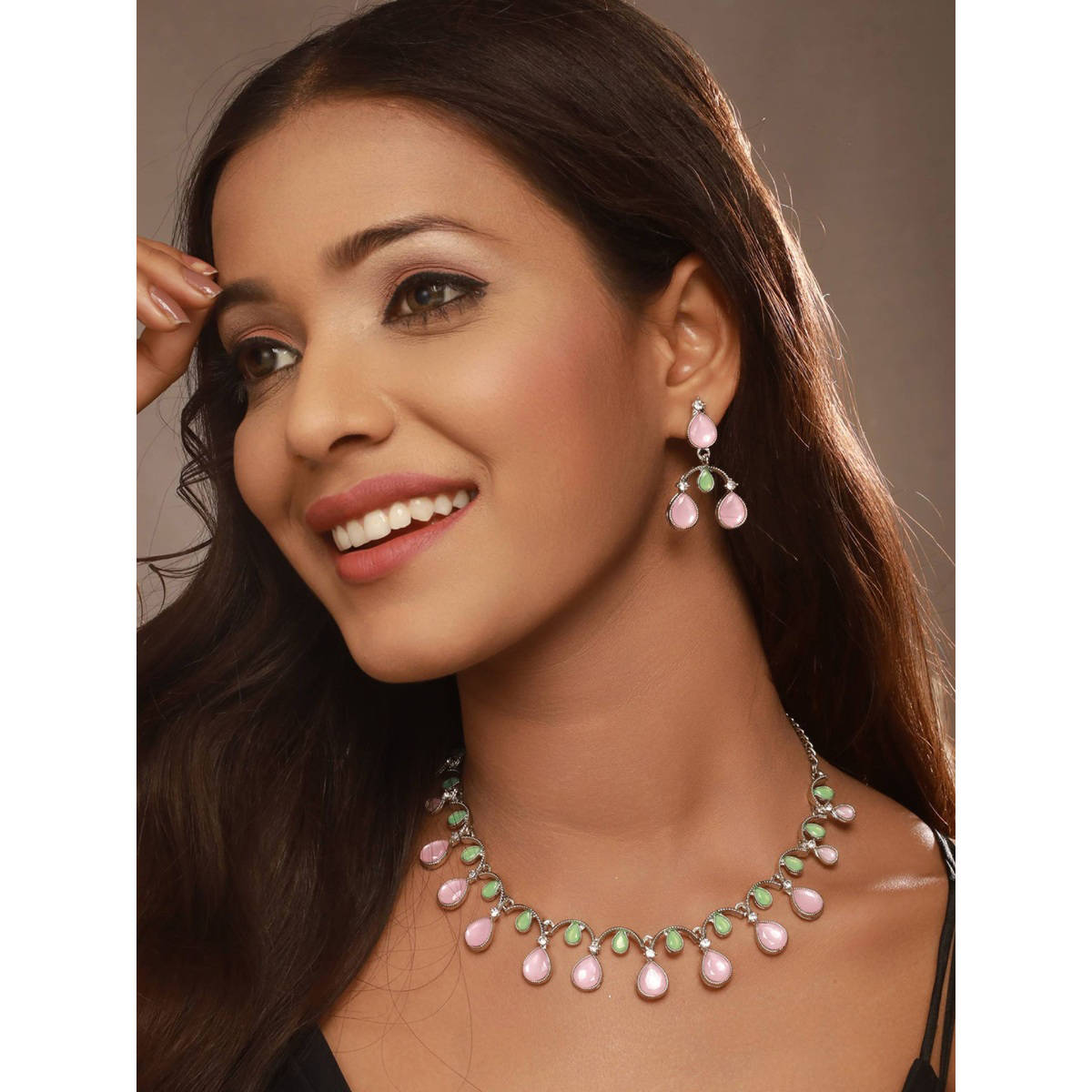 Aatmana Women Silver-Plated Green and Pink AD-Studded Jewellery Set